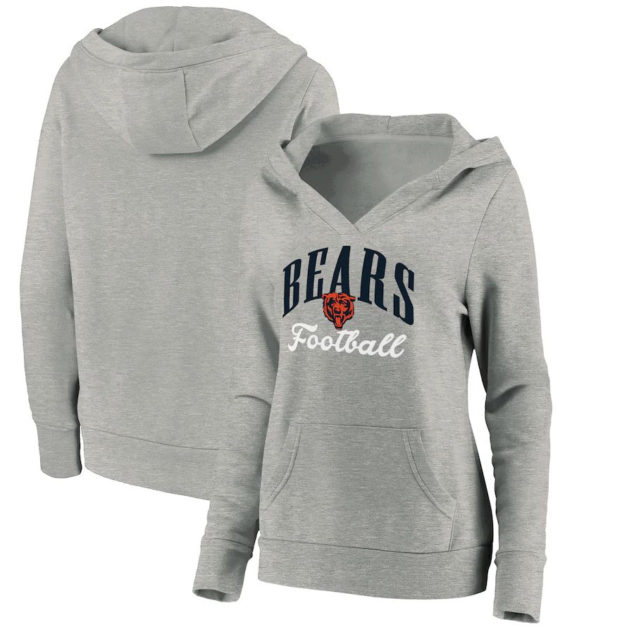 Women Chicago Bears Fanatics Branded Heathered Gray Victory Script V-Neck Pullover Hoodie